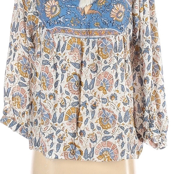 Lucky Brand size SP blouse blue & ivory BOHO 3/4 sleeves w keyhole & tassel ties - Picture 6 of 15